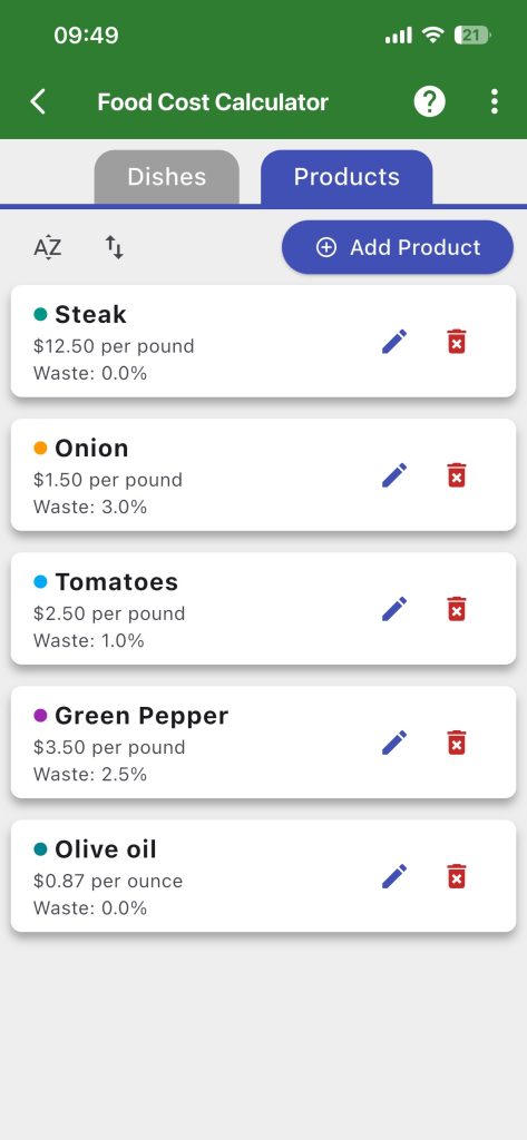 Food Cost Calculator Products Tab