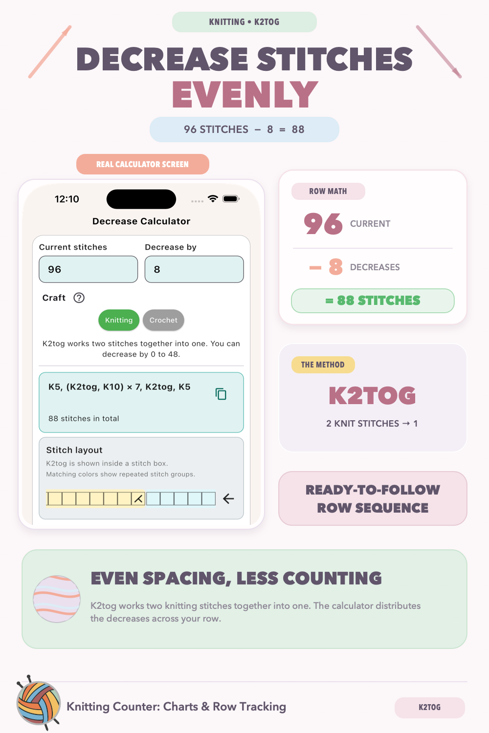 Knitting decreases evenly k2tog calculation