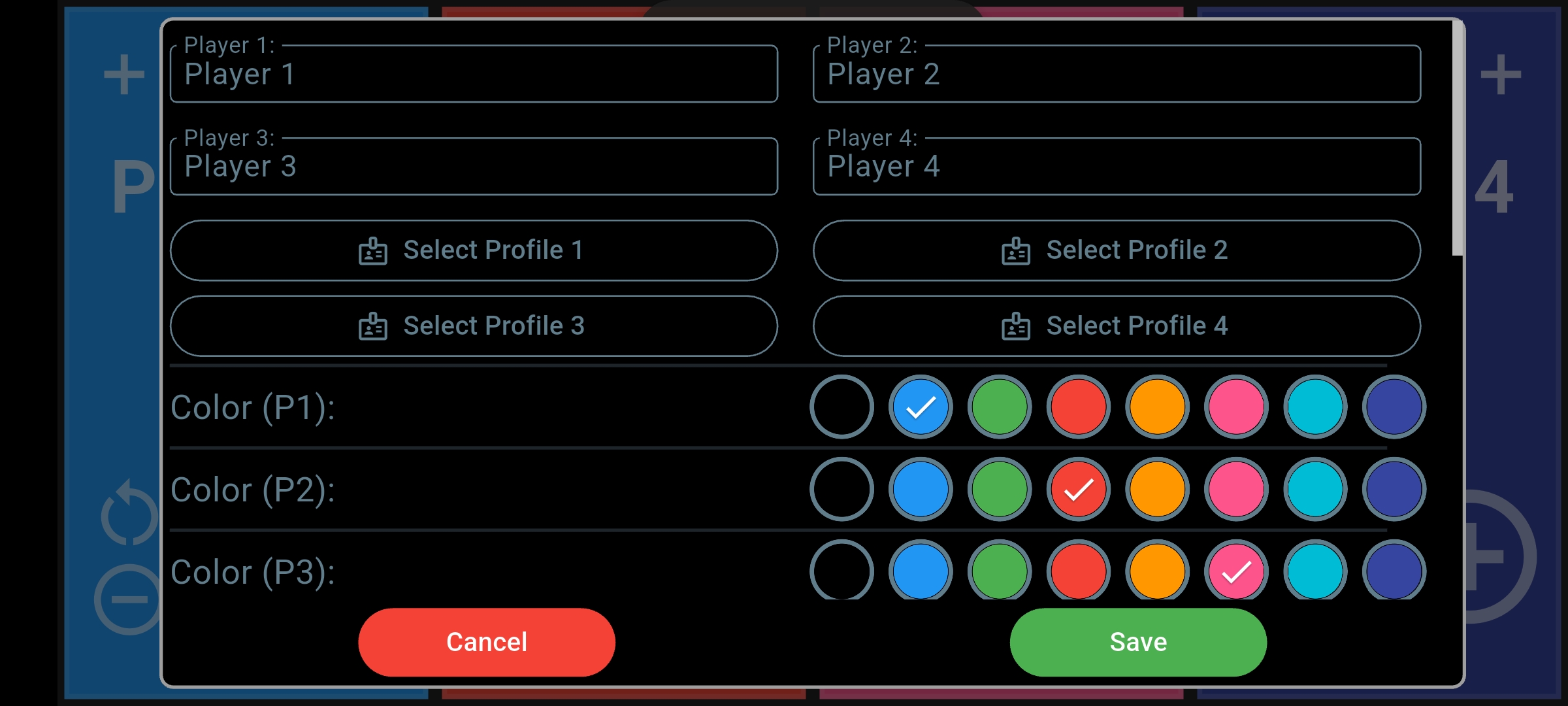Three- and four-player scoreboard settings with player name fields, Select Profile buttons, color choices and a Save button.