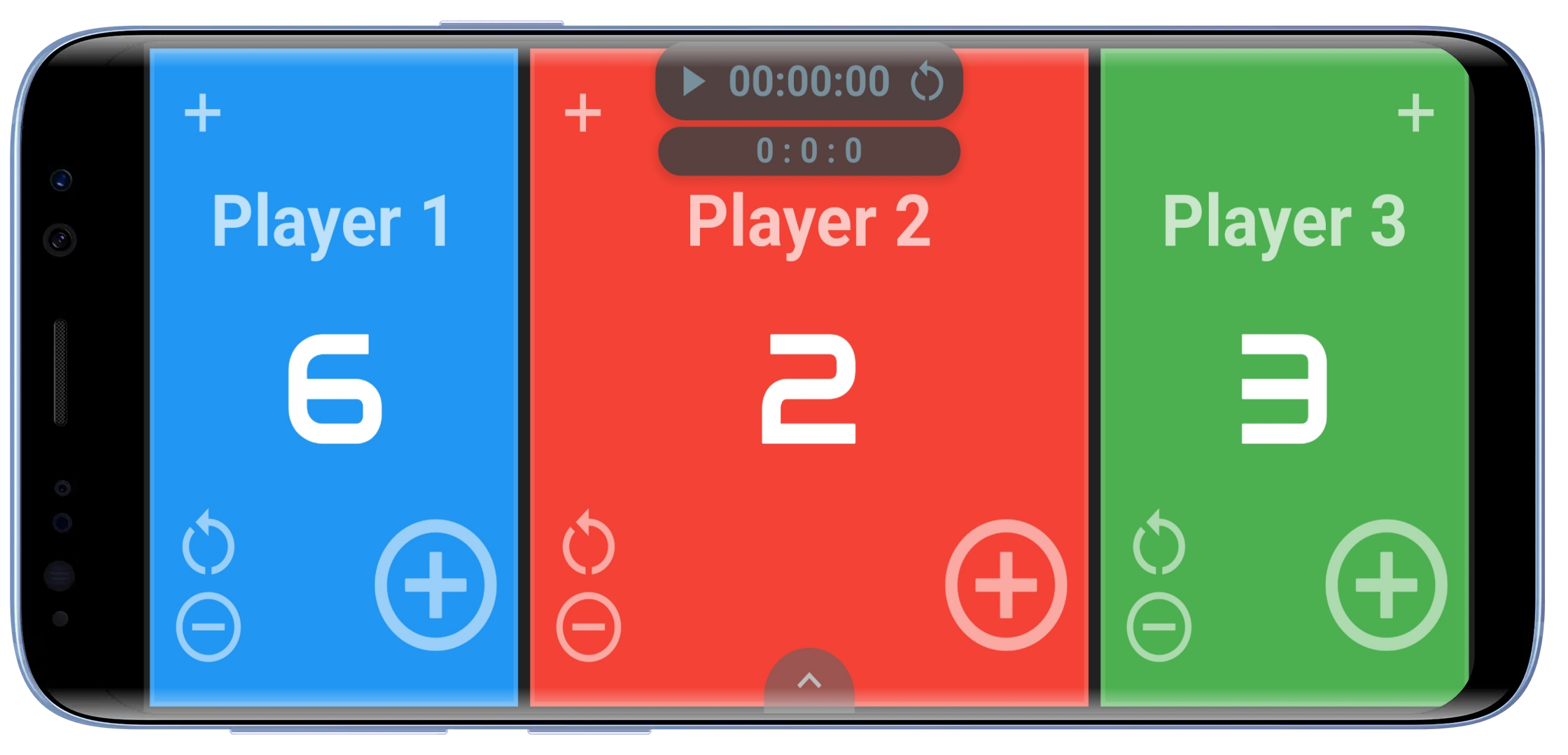 Three-player landscape scoreboard with blue, red and green panels showing scores 6, 2 and 3, individual scoring controls and a shared timer.