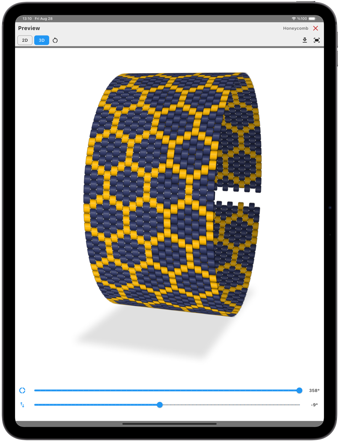 iPad displaying a curved 3D preview of a navy-and-gold Honeycomb seed-bead bracelet pattern.