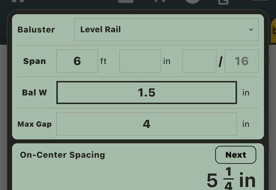 Baluster spacing calculator app showing 5 1/4 inch on-center spacing for a 6 foot level rail