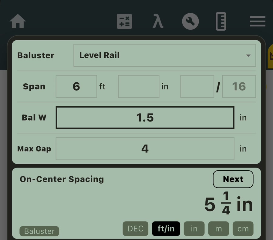 Baluster spacing calculator app showing 5 1/4 inch on-center spacing for a 6 foot level rail