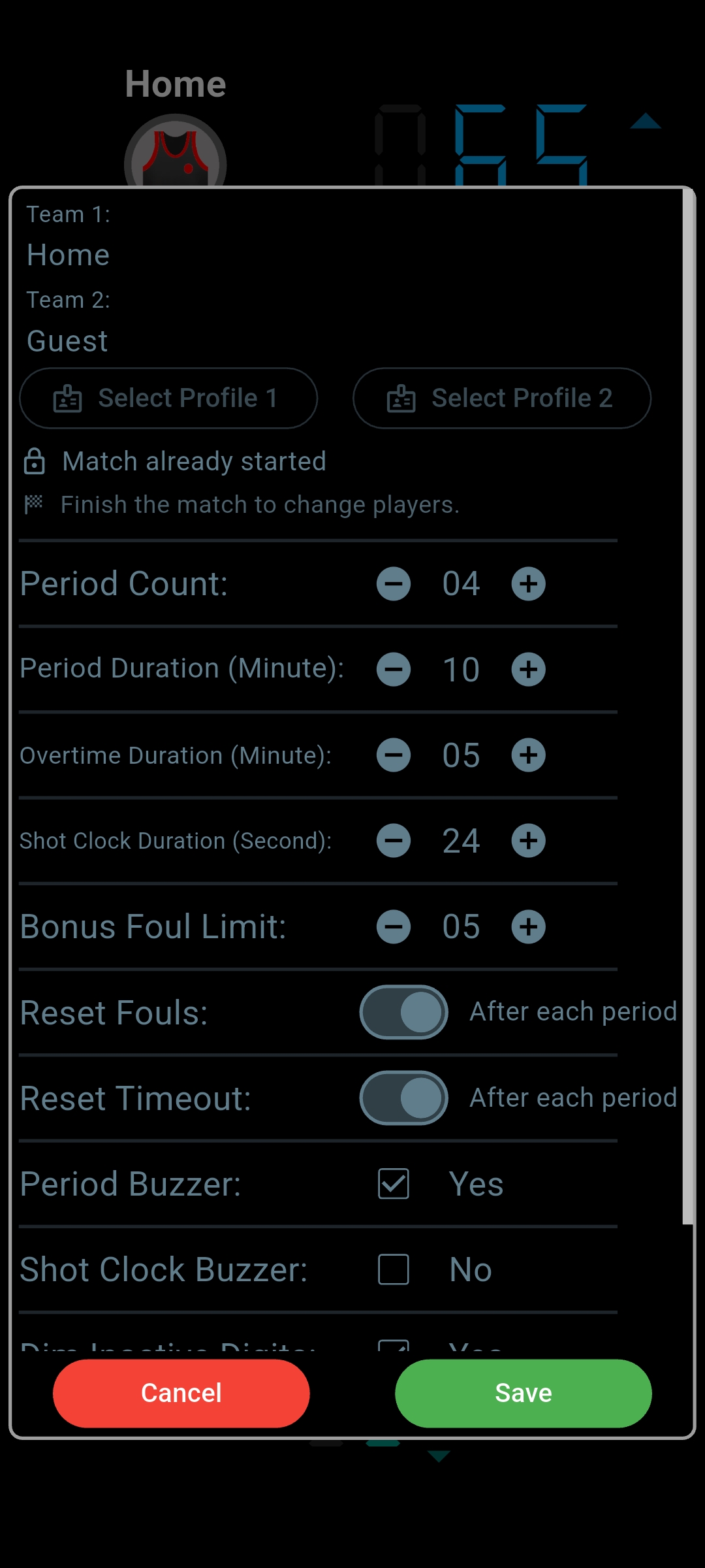 Basketball settings showing four 10-minute periods, five-minute overtime, a 24-second shot clock and foul, timeout and buzzer options.