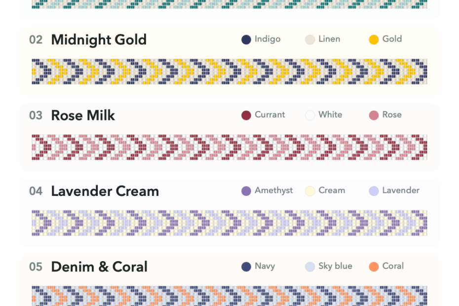 Six Chevron Bands bead bracelet palettes, from teal and linen Sea Glass to moss and terracotta Autumn Fern, with named color swatches.