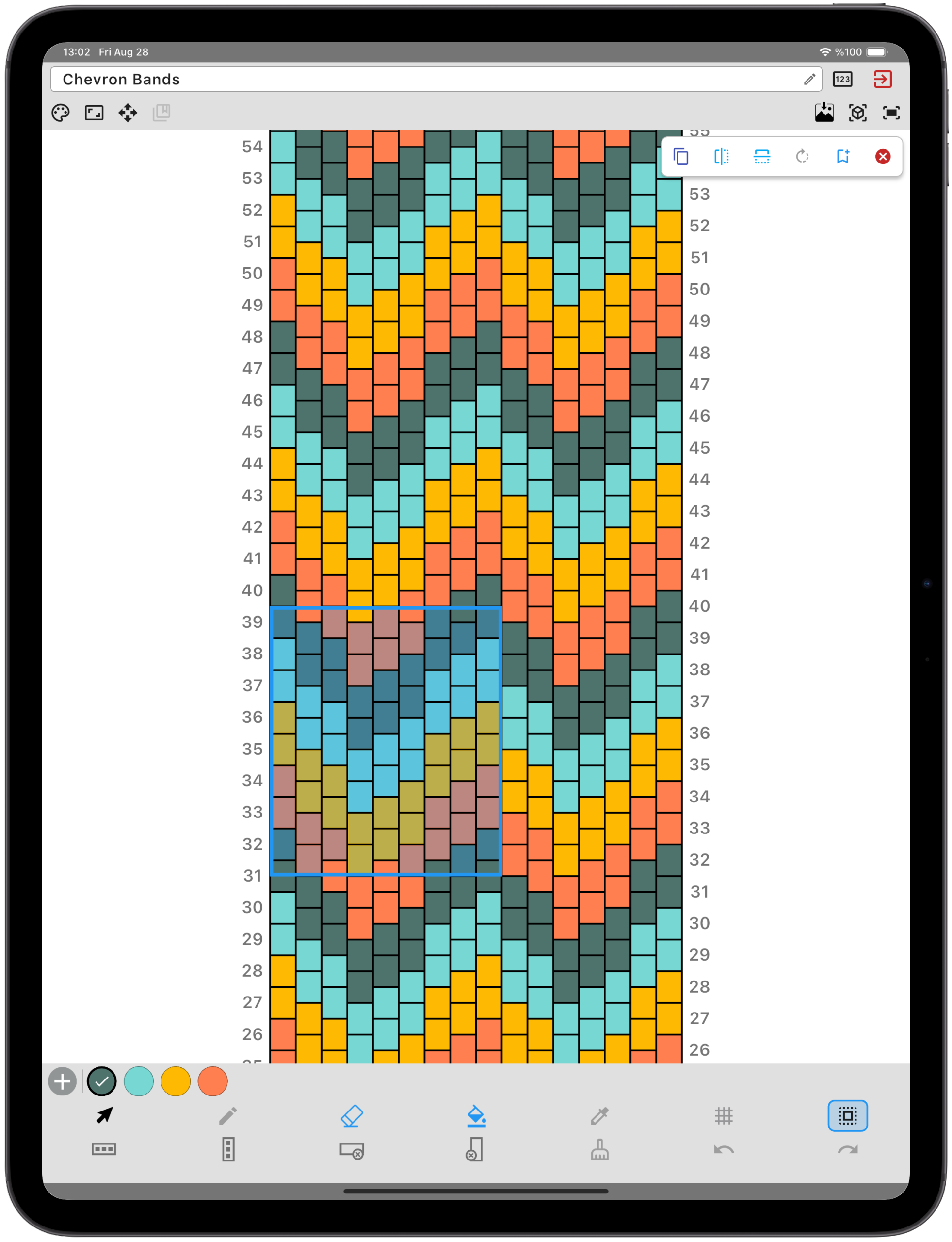 iPad showing the Bead Designer editor with a selected area of a colorful Chevron Bands seed-bead pattern.