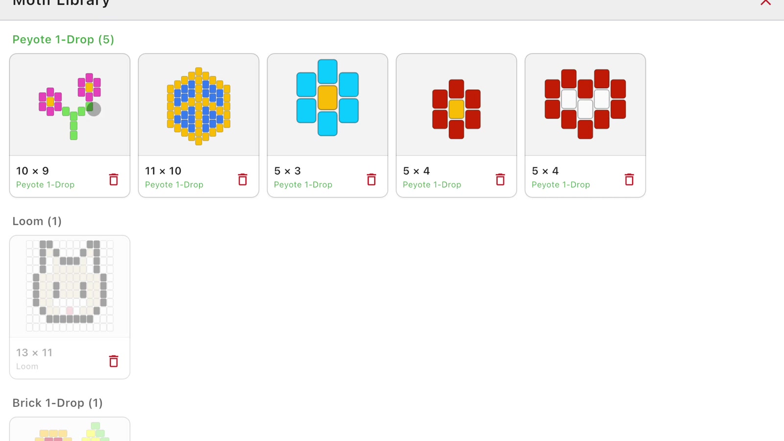 Motif Library with visual motif cards grouped under Peyote 1-Drop, Loom, and Brick 1-Drop headings.