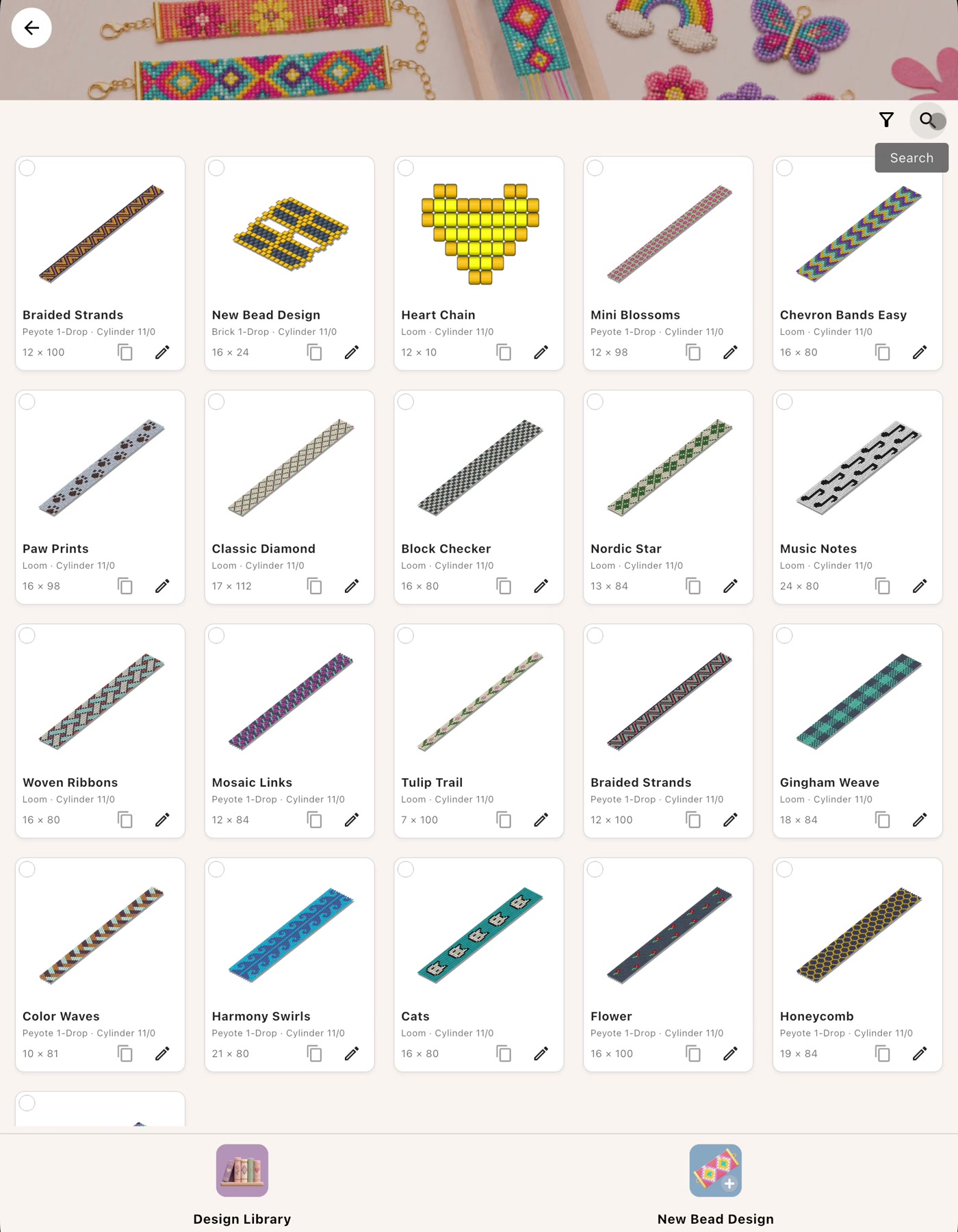 Bead Home visual library showing named bead pattern cards with previews and search and filter controls.