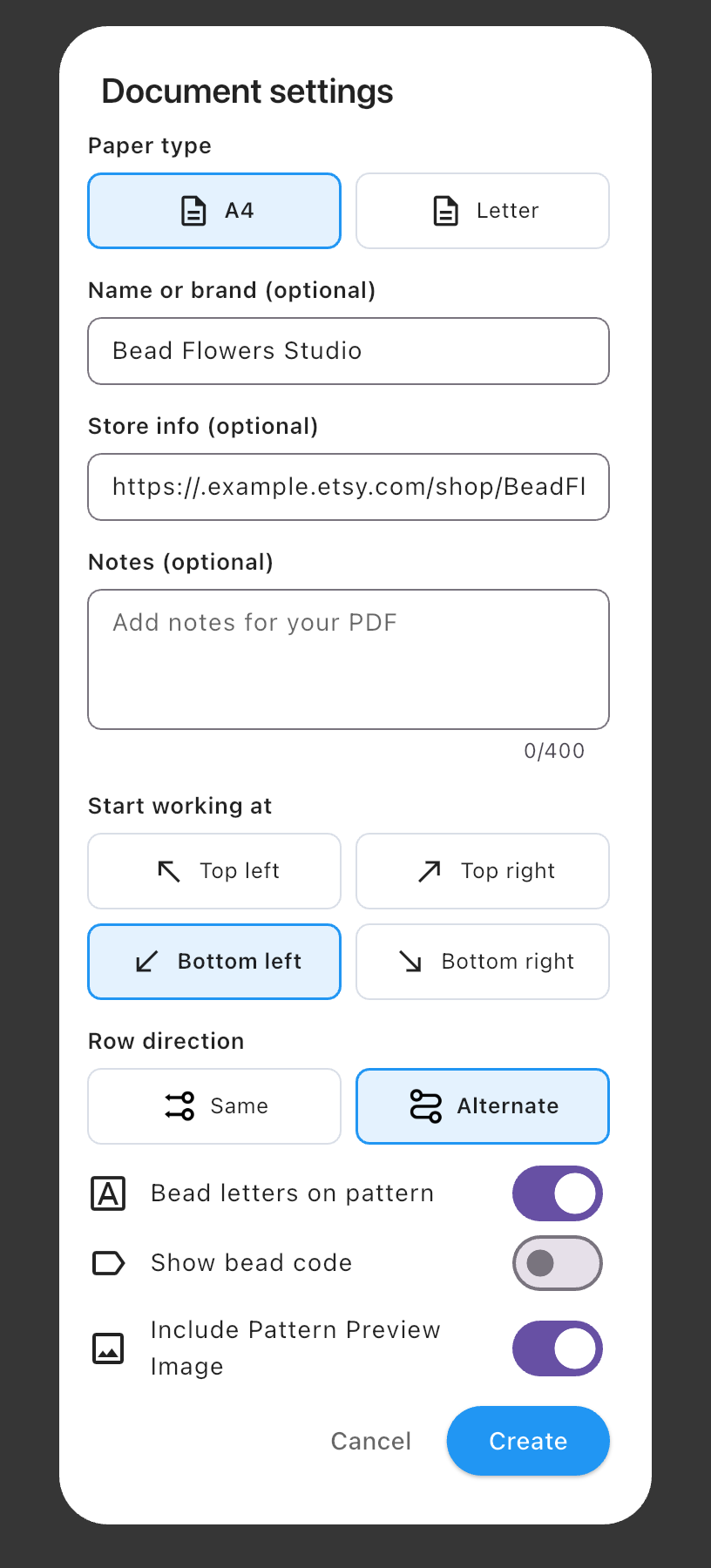 Document settings with Name or brand, Store info, Notes, A4 and Letter paper options, and controls for bead letters, reference codes and pattern preview.