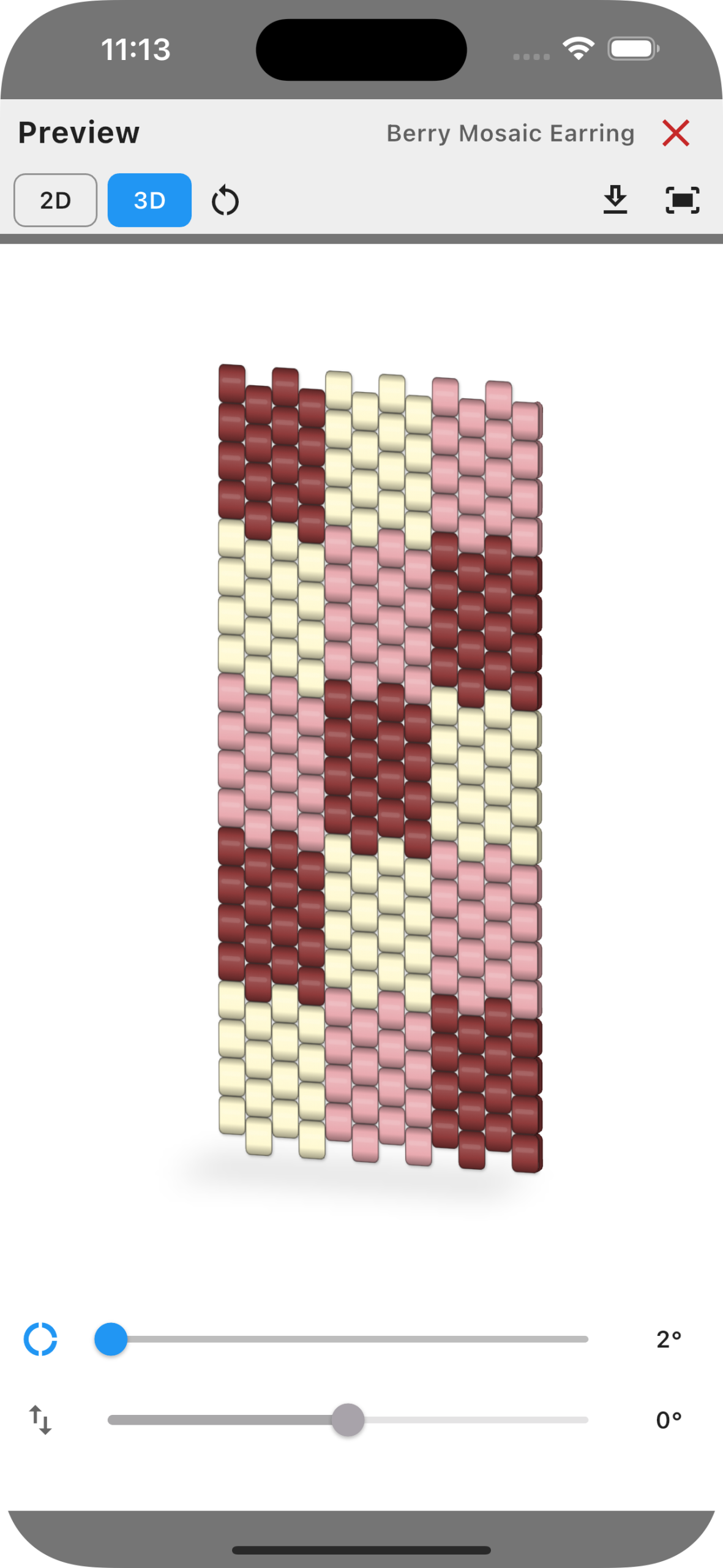 Bead Designer 3D preview showing the complete Berry Mosaic earring beadwork in three colors.