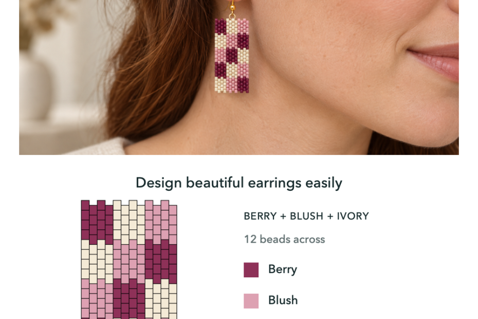 Berry Mosaic earring design example with a peyote bead chart and berry, blush and ivory palette.