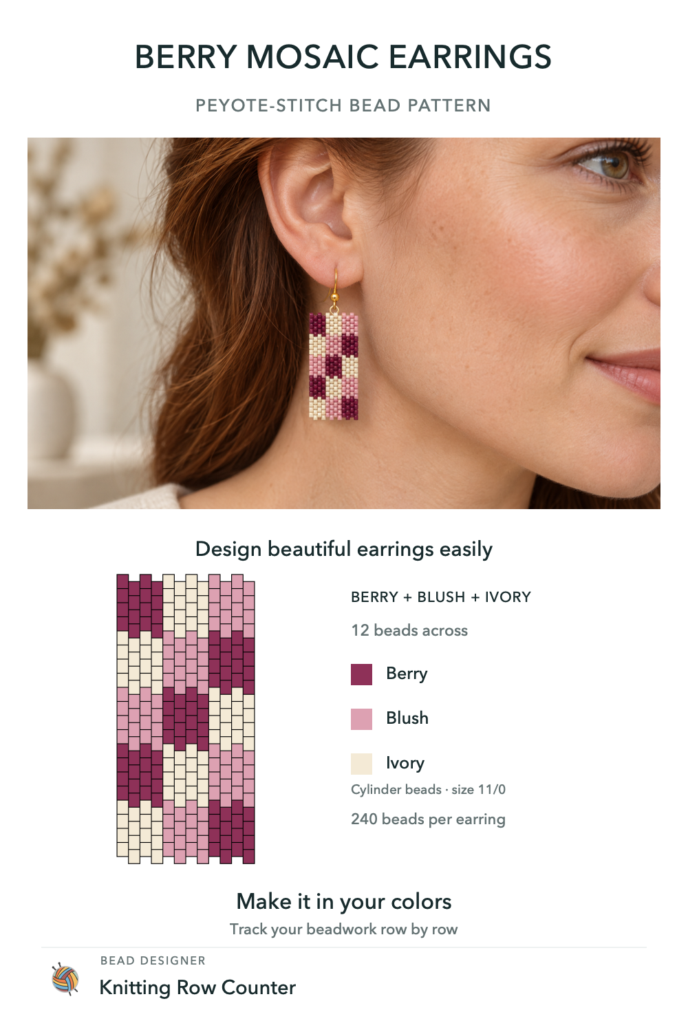 Berry Mosaic earring design example with a peyote bead chart and berry, blush and ivory palette.
