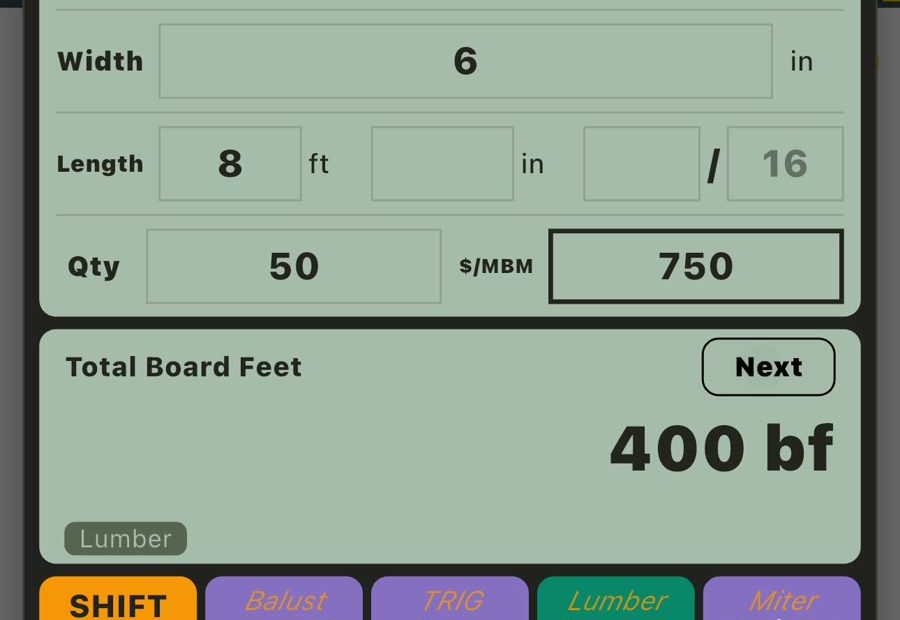 Board foot calculator showing 400 board feet for fifty 2 inch by 6 inch by 8 foot boards
