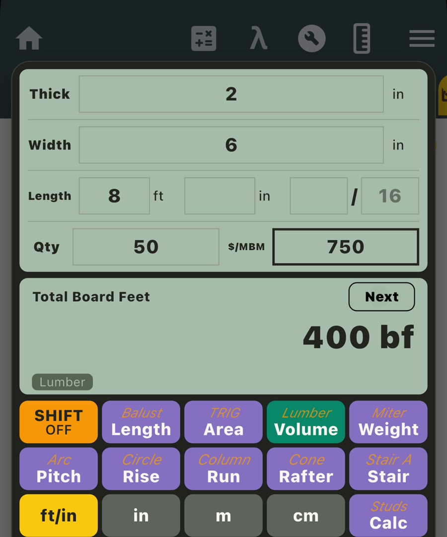 Board foot calculator showing 400 board feet for fifty 2 inch by 6 inch by 8 foot boards