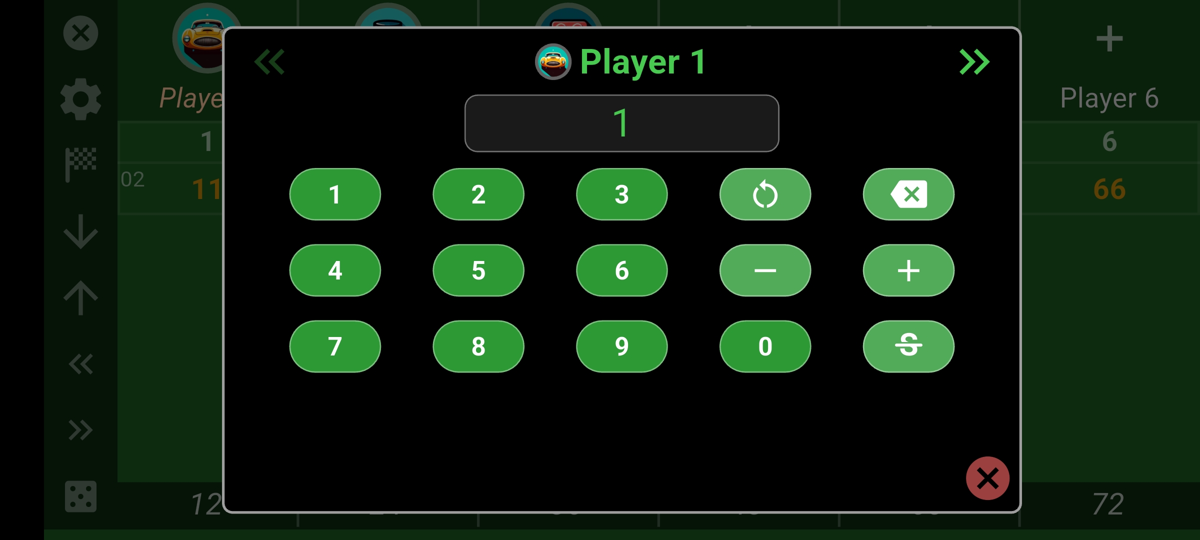 Score-entry keypad open for Player 1, with number buttons, previous and next player arrows, and a strikethrough control.