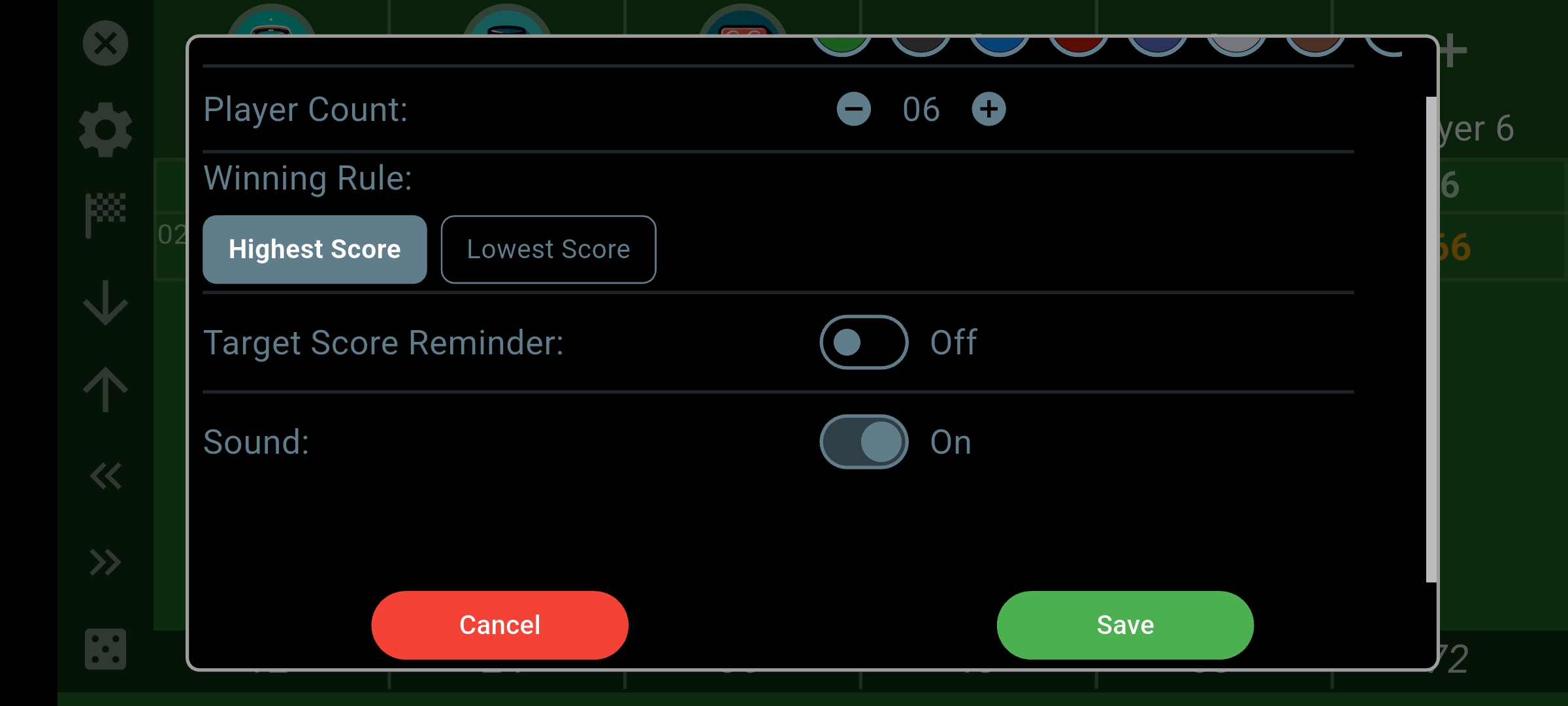 Score Keeper settings with six players, Highest Score selected, a Lowest Score option and Target Score Reminder turned off.