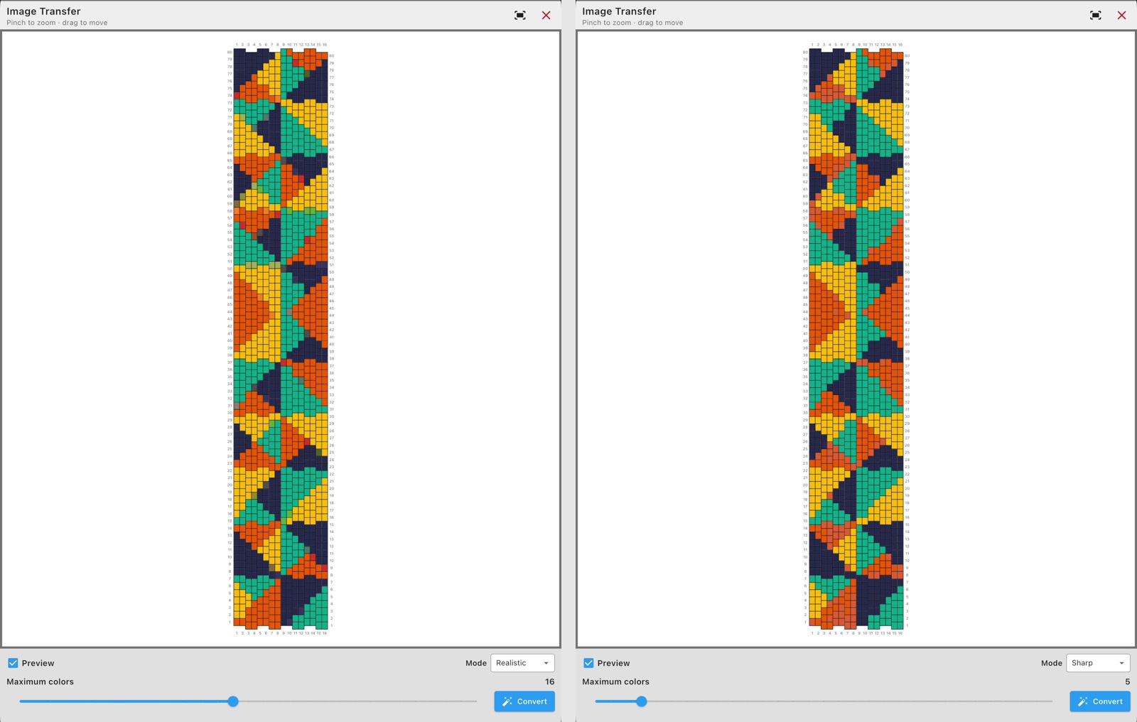 Side-by-side bead pattern previews comparing Realistic mode with 16 colors and Sharp mode with five colors.