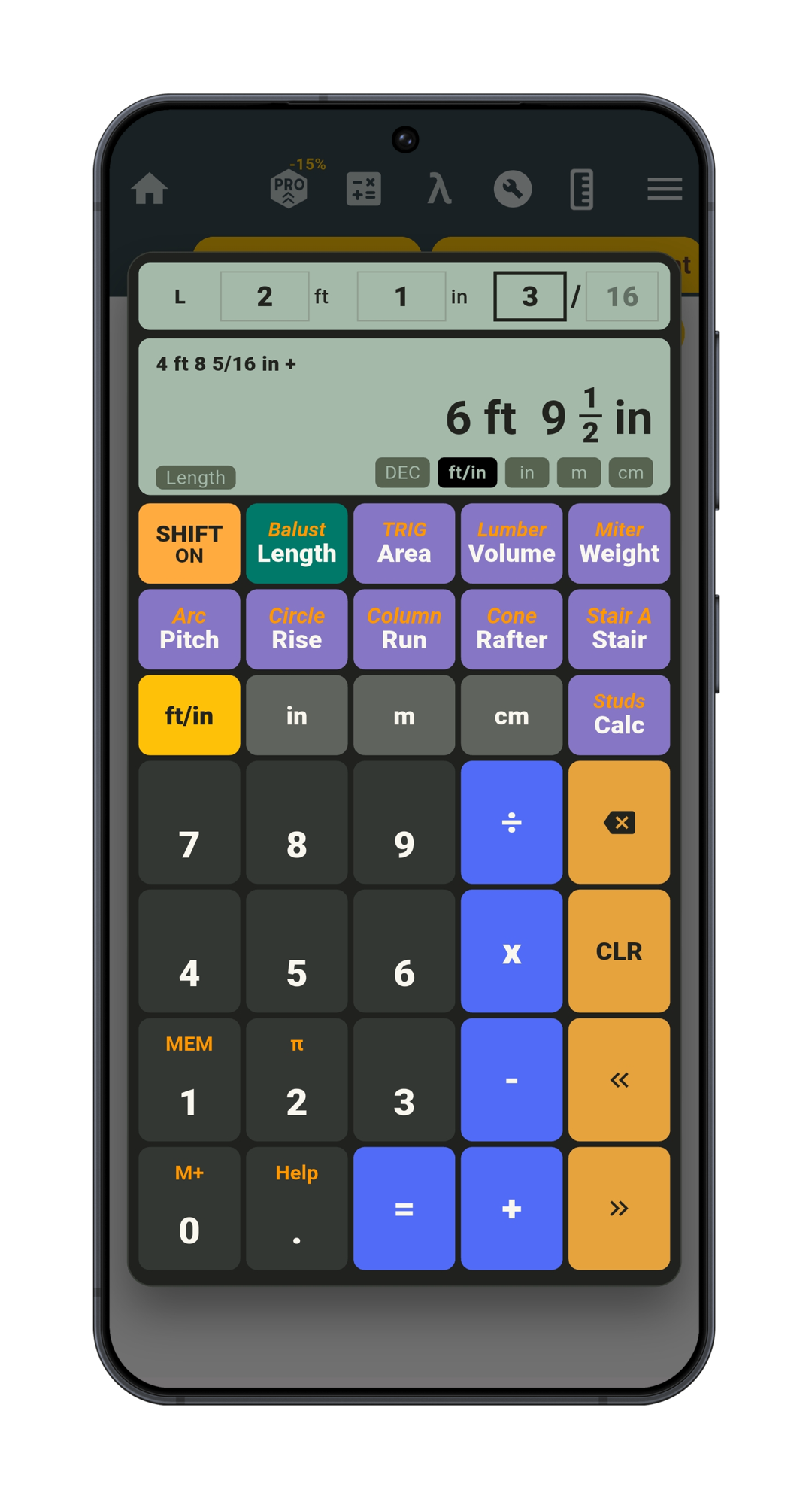 Android Construction Calculator showing feet-and-inches entry, a mixed-fraction result, and construction tool buttons