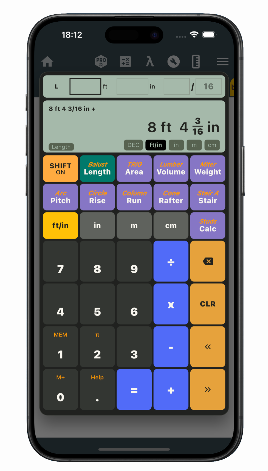 Construction Calculator on iPhone showing feet, inches, fractional-inch entry, and roof, stair, lumber, and framing tools