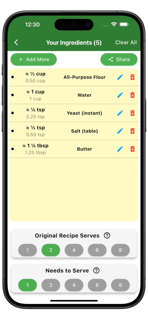 Cooking Converter scaling an ingredient list from two servings to one