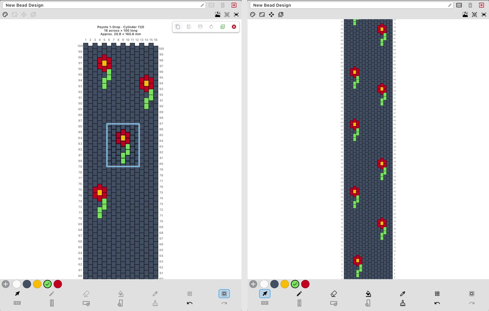 Side-by-side pattern editor screens showing a selected flower motif and the completed repeating flower bracelet design.