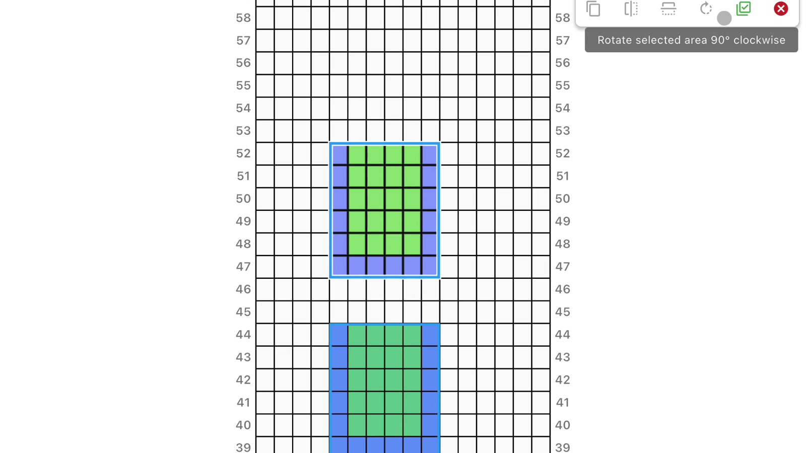 Original bordered bead block and a copied selection moved above it with the 90-degree rotate action visible.