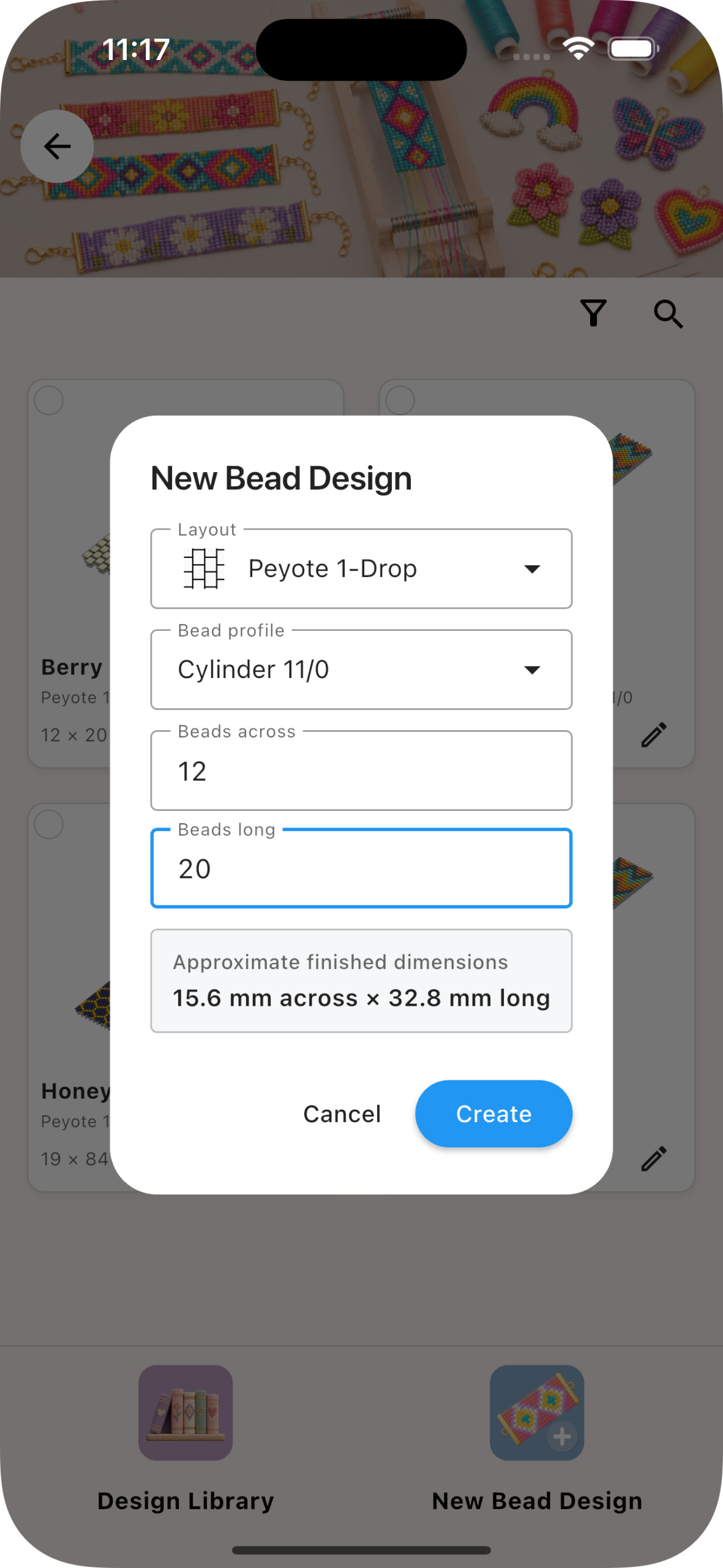 New bead design settings with Peyote 1-Drop, Cylinder 11/0 beads and a 12 by 20 grid.