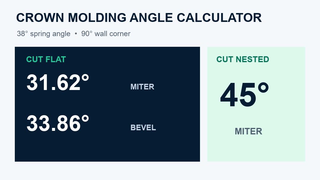 Crown molding angle calculator showing 31.62 degree miter and 33.86 degree bevel for flat cuts and 45 degree miter for nested cuts