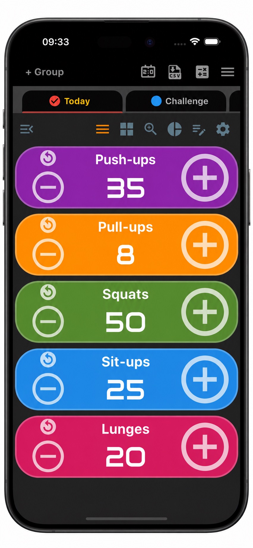 Multi Counter daily reps example with Today and Challenge groups, showing Push-ups 35, Pull-ups 8, Squats 50, Sit-ups 25 and Lunges 20.