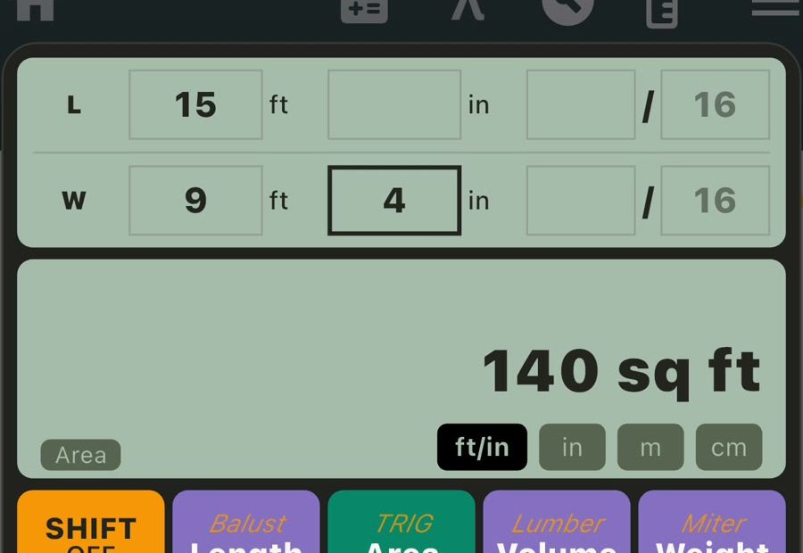 Unit Converter Area mode showing 15 feet by 9 feet 4 inches equals 140 square feet