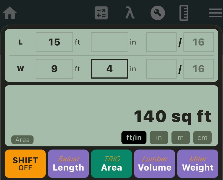 Unit Converter Area mode showing 15 feet by 9 feet 4 inches equals 140 square feet