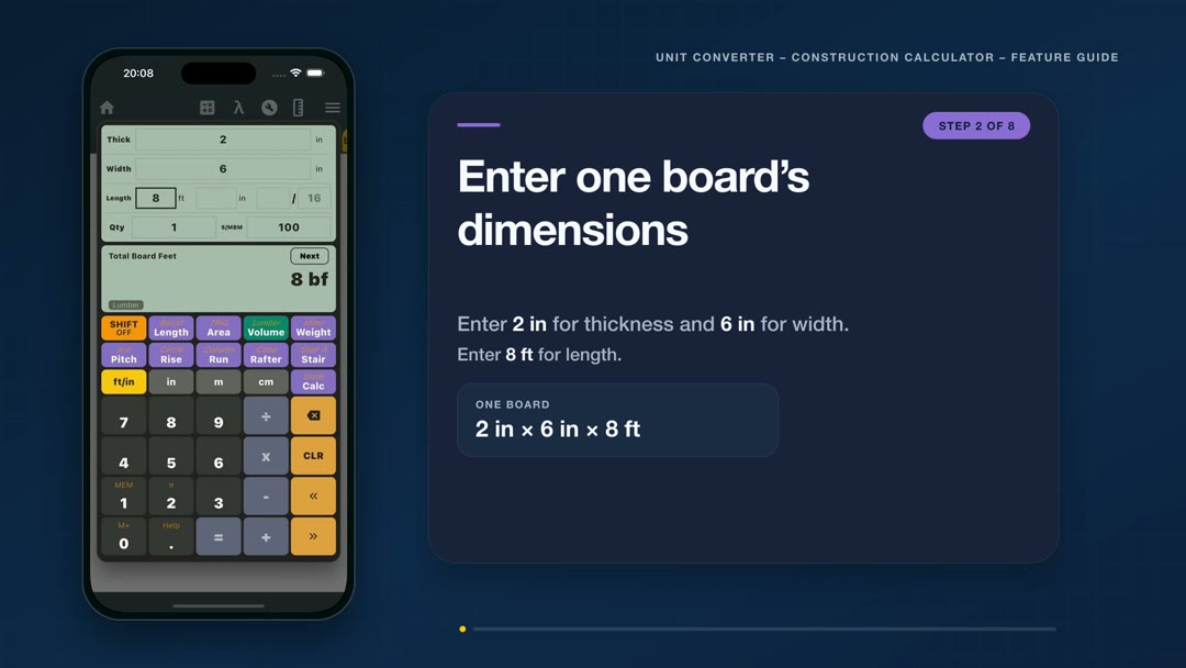 Board foot calculator guide entering 2 inch thickness, 6 inch width and 8 foot length