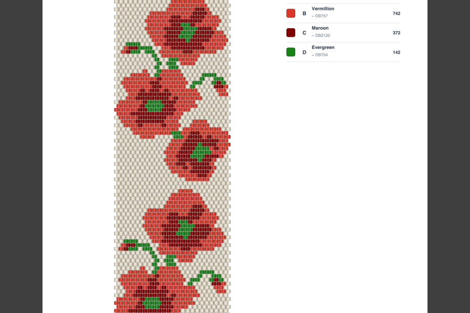 Red Flowers bead pattern PDF with creator name, example shop URL, design preview and bead list showing color names, reference codes and quantities.