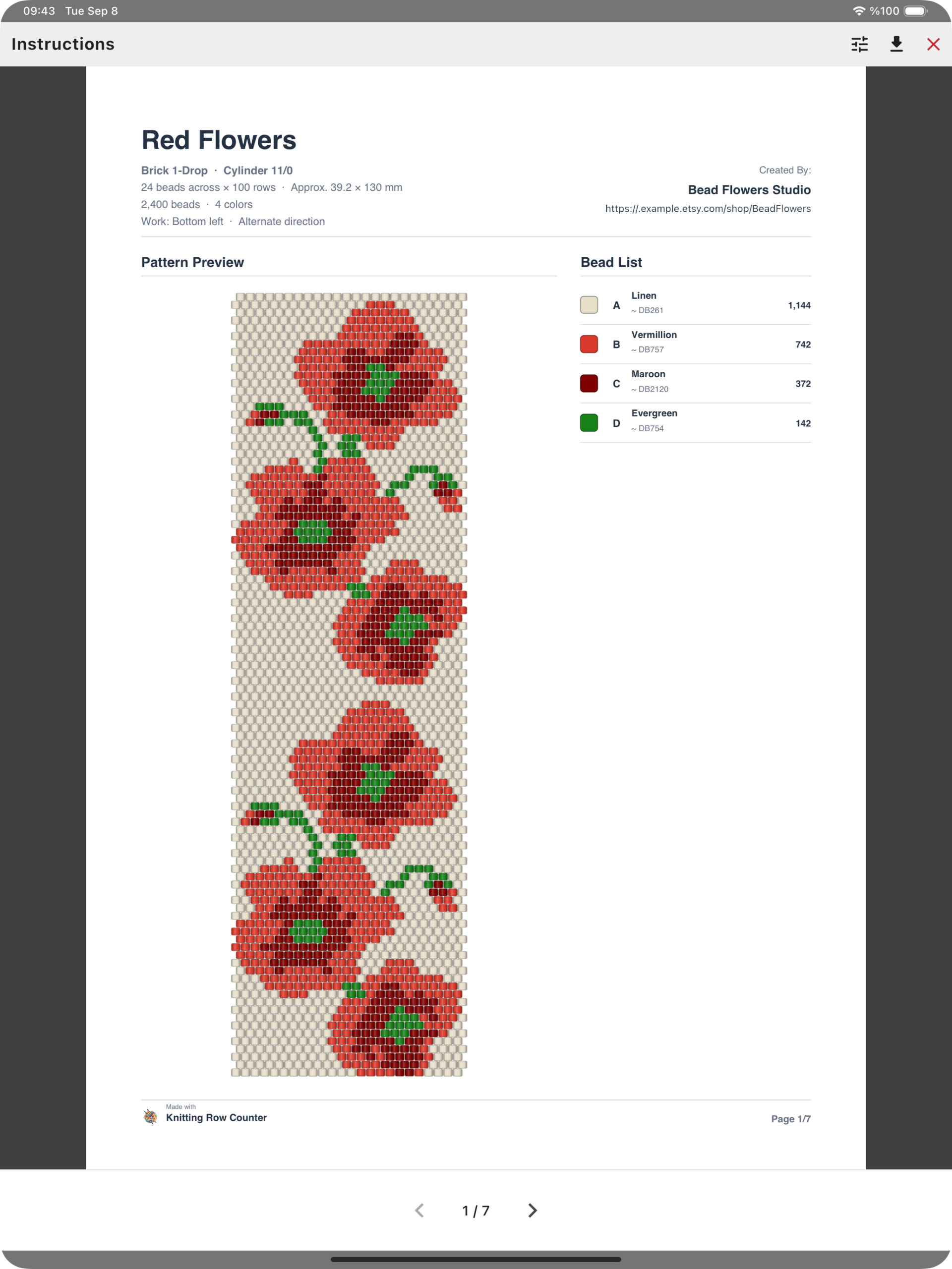 Red Flowers bead pattern PDF with creator name, example shop URL, design preview and bead list showing color names, reference codes and quantities.