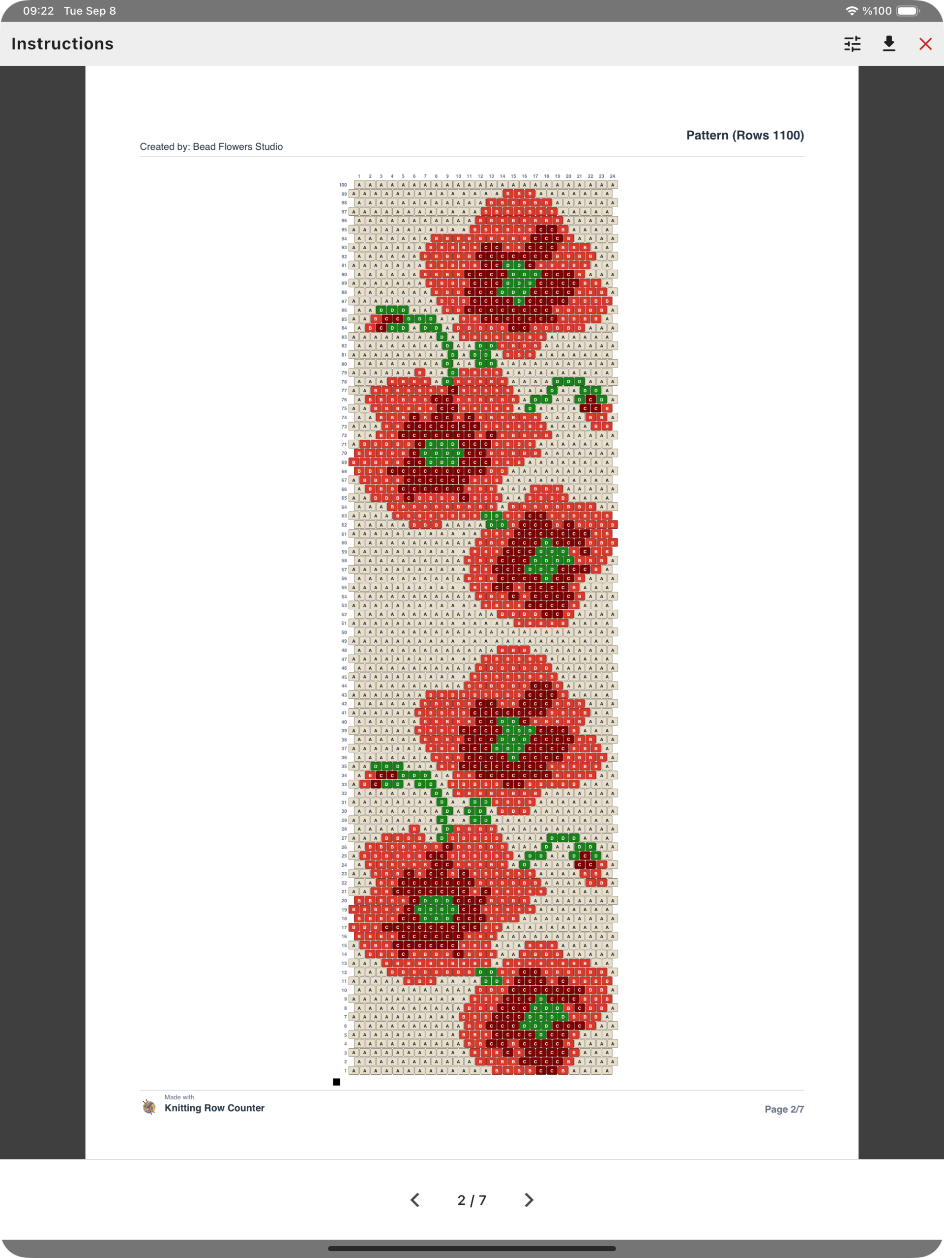 Red Flowers brick-stitch pattern chart with numbered rows, A to D color letters, a starting-corner marker and a creator-name header.