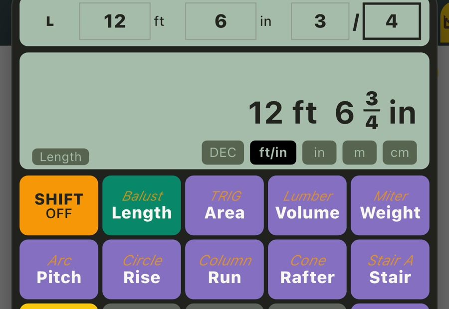Feet and inches calculator with separate fields for 12 ft 6 3/4 in