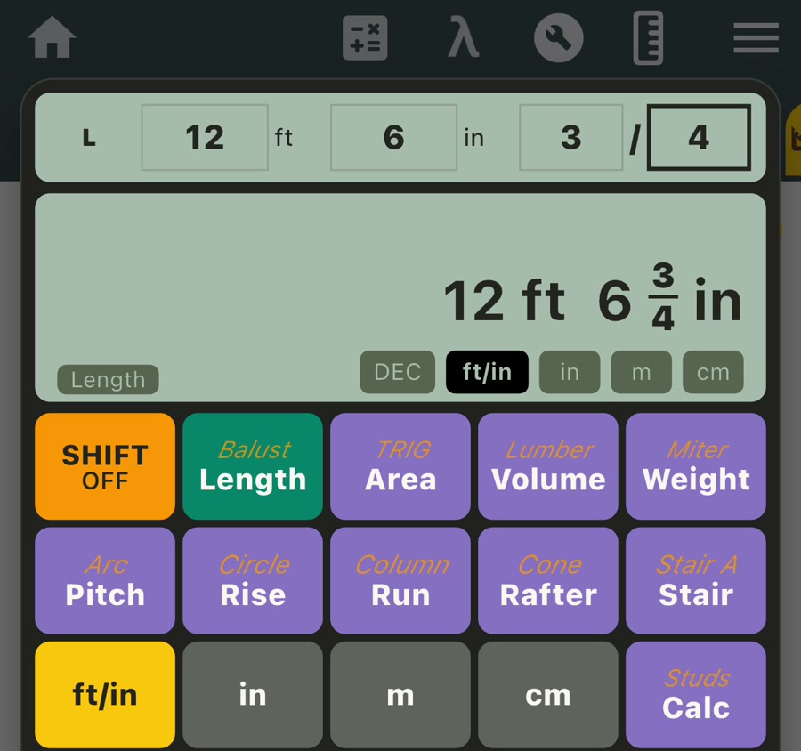 Feet and inches calculator with separate fields for 12 ft 6 3/4 in