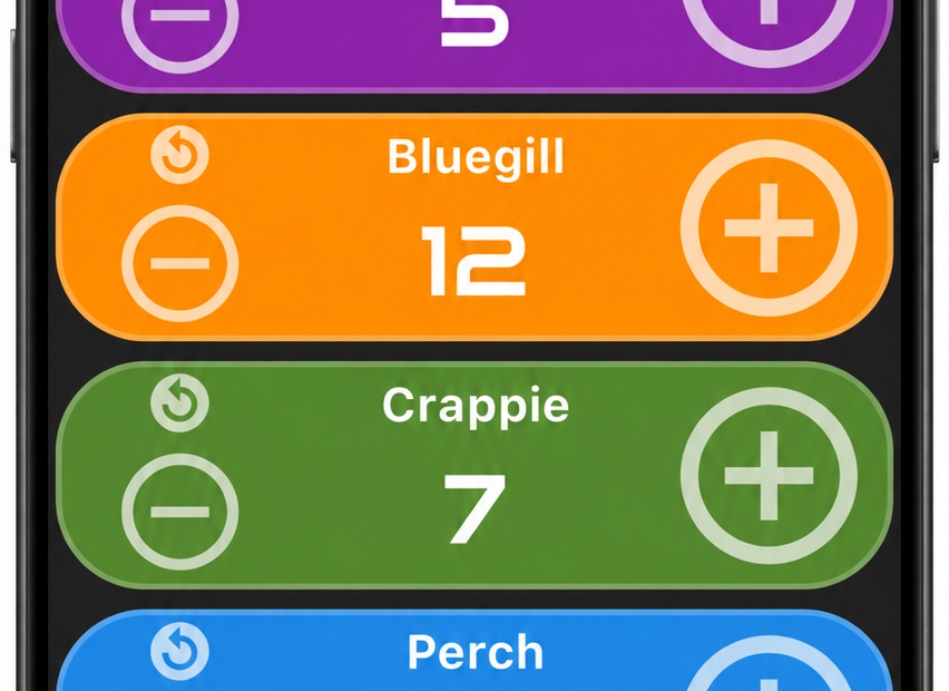 Multi Counter fishing example with Lake Trip and River Trip groups and counters for 5 bass, 12 bluegill, 7 crappie, 4 perch and 2 catfish.