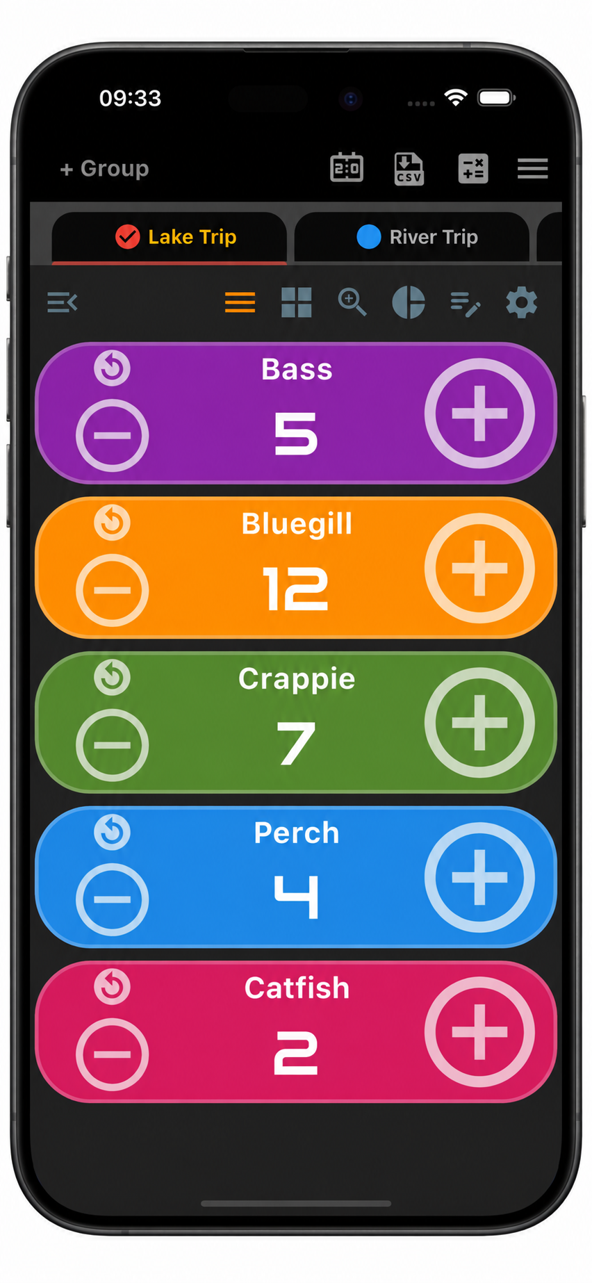 Multi Counter fishing example with Lake Trip and River Trip groups and counters for 5 bass, 12 bluegill, 7 crappie, 4 perch and 2 catfish.