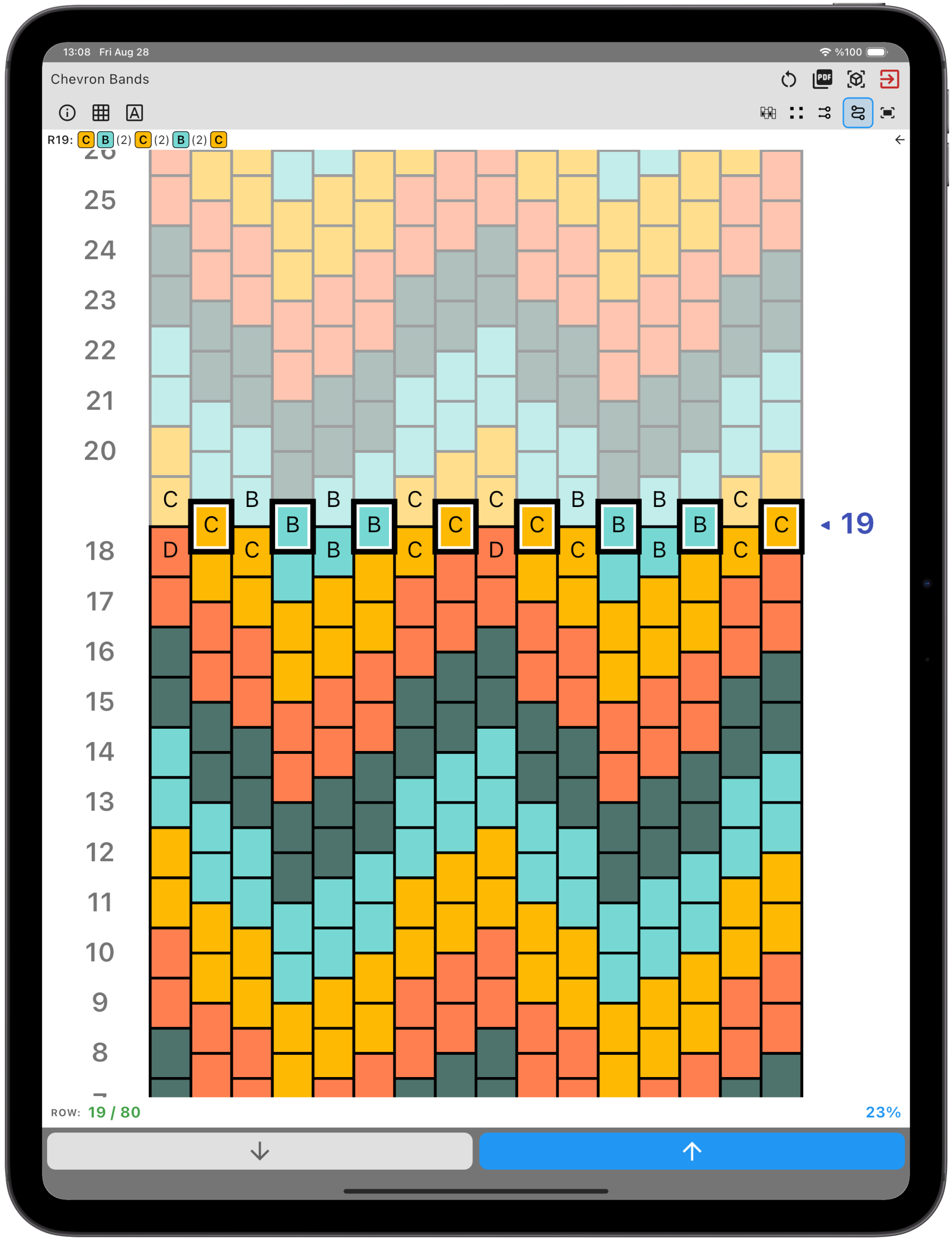 iPad showing Bead Designer Work mode with row 19 highlighted in a colorful Chevron Bands pattern.