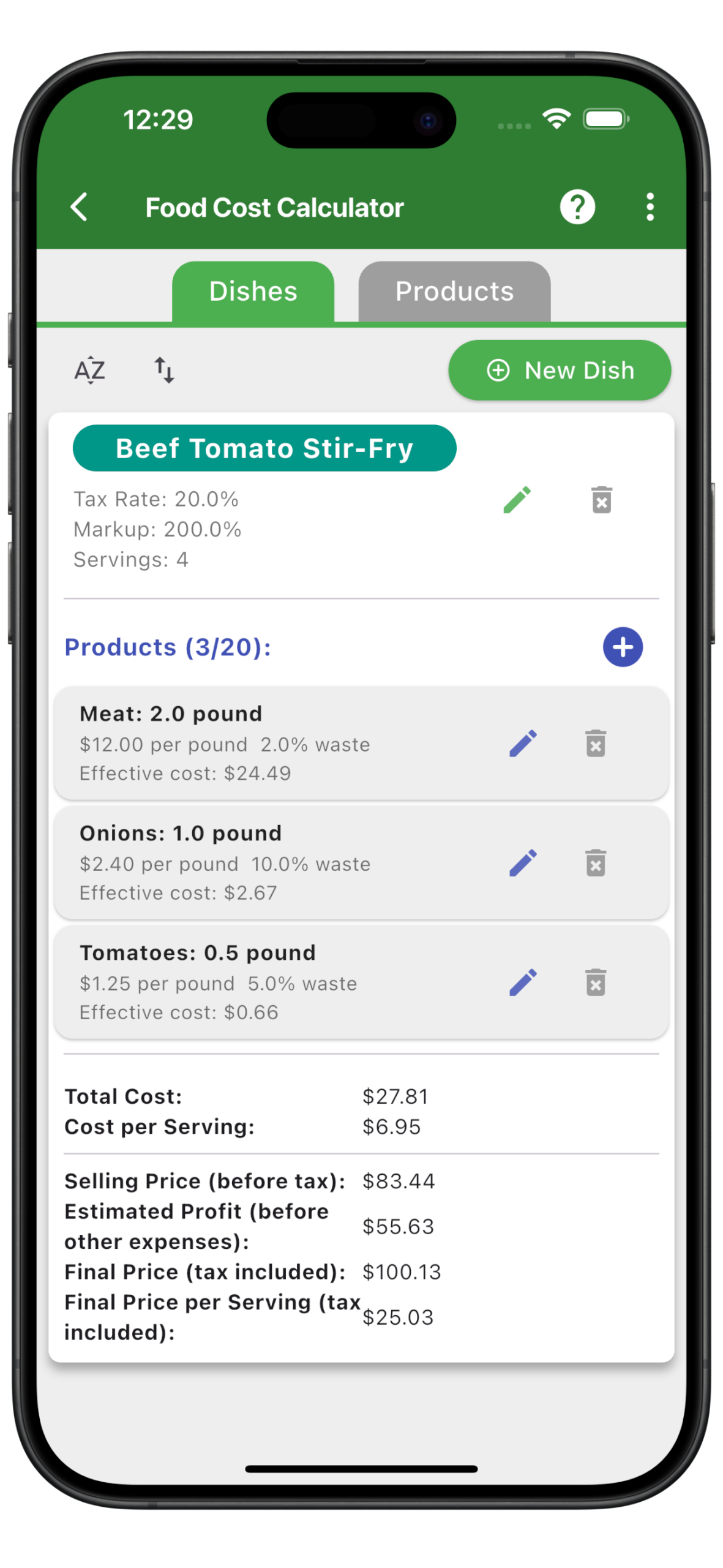 Food Cost Calculator showing Beef Tomato Stir-Fry for four servings, a 200 percent markup, 20 percent tax, total ingredient cost of 27.81 dollars and final price of 100.13 dollars.