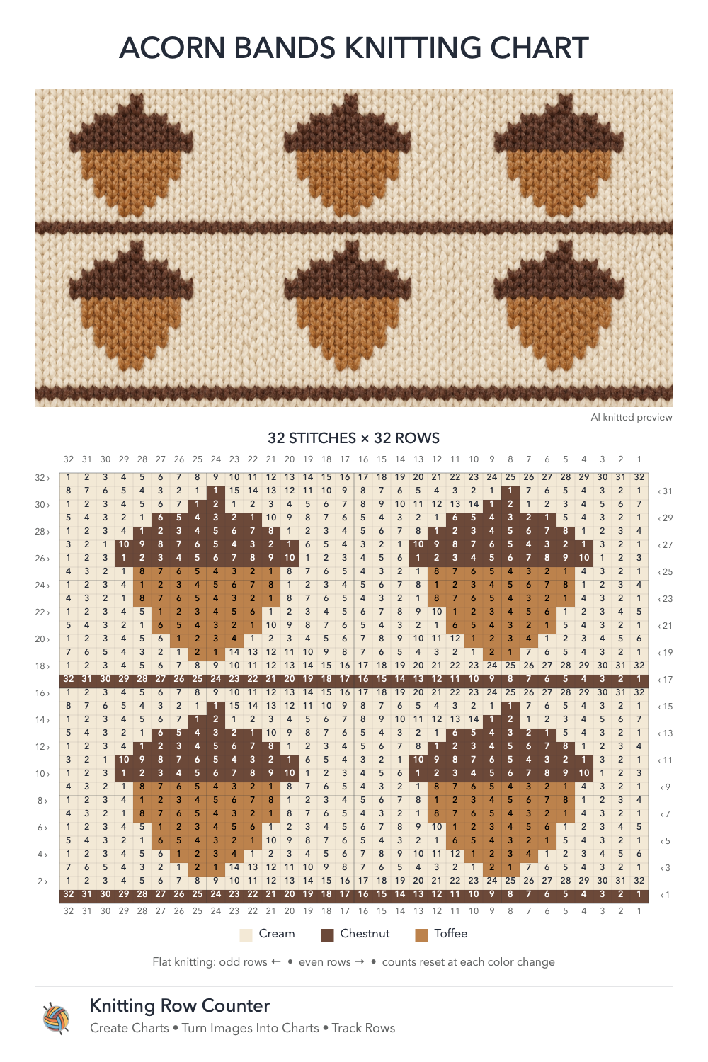 Acorn knitting chart in Cream, Chestnut, Toffee, with a numbered grid and illustrative knitted preview