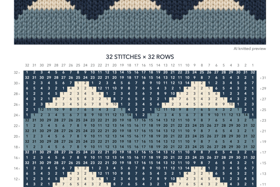 Alpine Mountain knitting chart in Navy, Slate, Cream with a 32-stitch by 32-row numbered grid, AI knitted preview illustration and color key