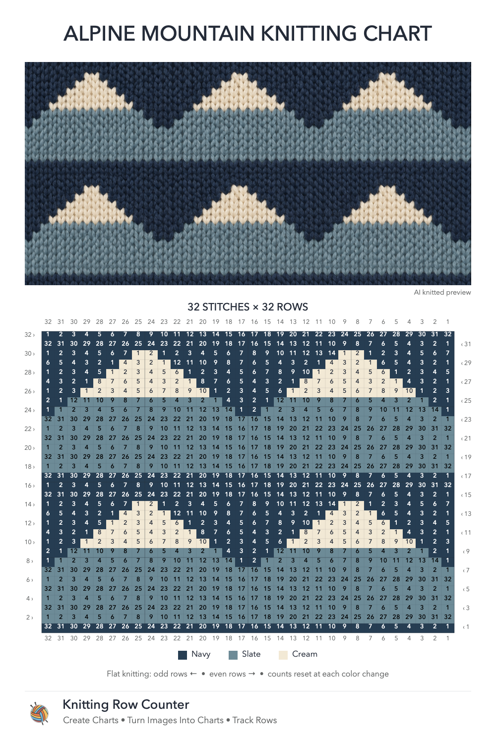 Alpine Mountain knitting chart in Navy, Slate, Cream, with a numbered grid and illustrative knitted preview