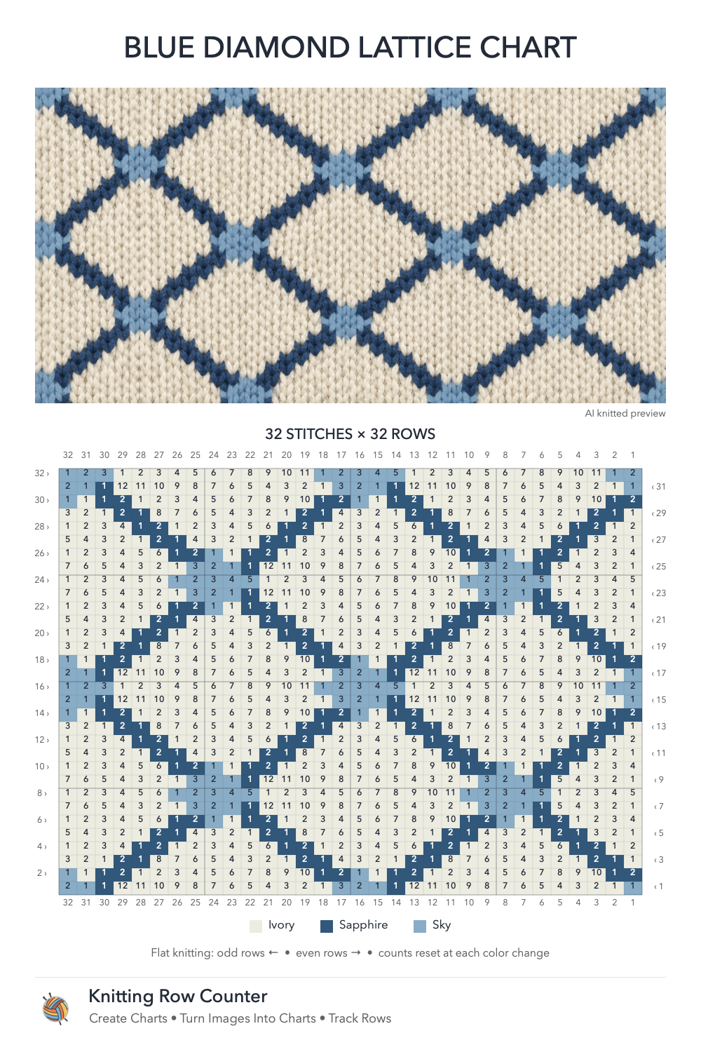 Blue Diamond Lattice knitting chart in Ivory, Sapphire, Sky, with a numbered grid and illustrative knitted preview