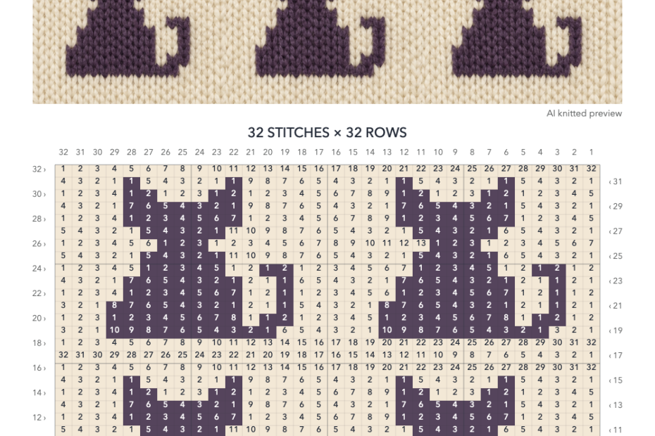 Cat Silhouette knitting chart in Cream, Plum with a 32-stitch by 32-row numbered grid, color key and illustrative knitted preview