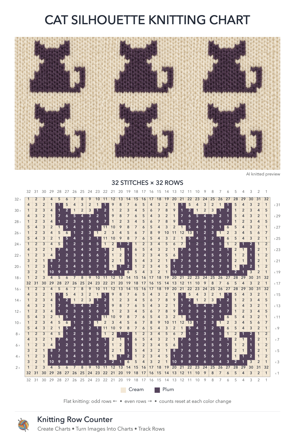 Cat Silhouette knitting chart in Cream, Plum, with a numbered grid and illustrative knitted preview