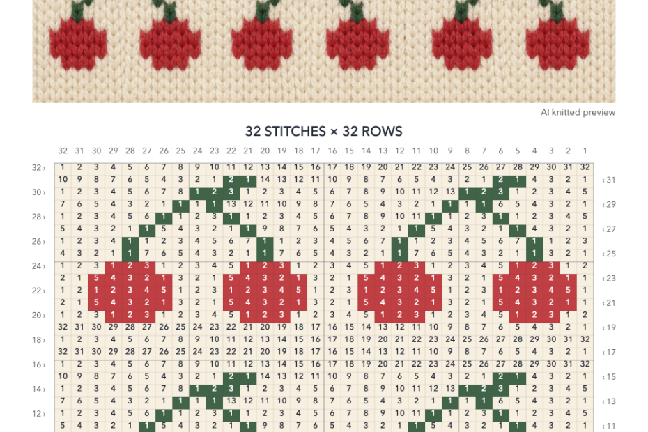 Cherry Pairs knitting chart in Cream, Cherry red, Leaf green with a 32-stitch by 32-row numbered grid, color key and illustrative knitted preview