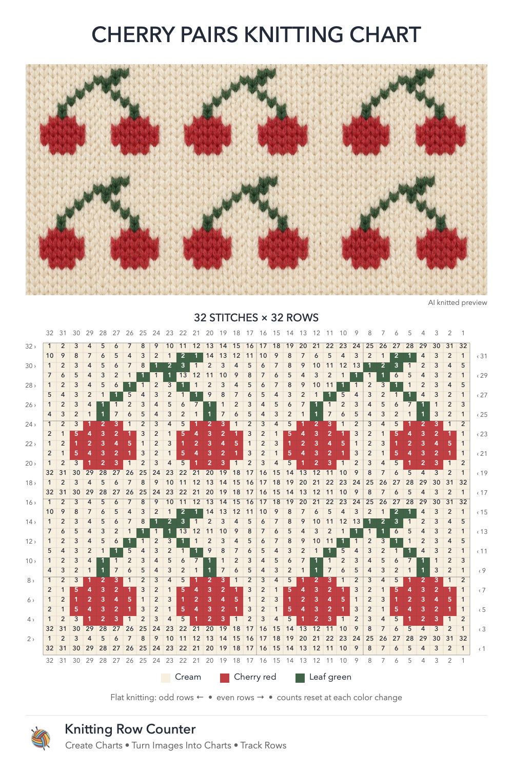 Cherry Pairs knitting chart in Cream, Cherry red, Leaf green, with a numbered grid and illustrative knitted preview