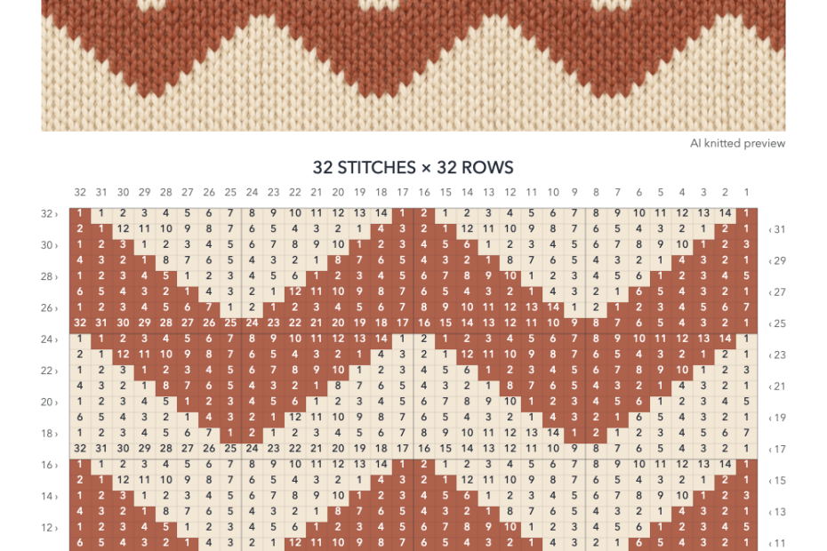 Chevron knitting chart in Clay, Cream with a 32-stitch by 32-row numbered grid, illustrative knitted preview and color key